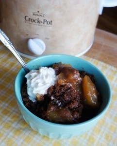 CrockPot Apple Cake in a bowl in front of a crock-pot.
