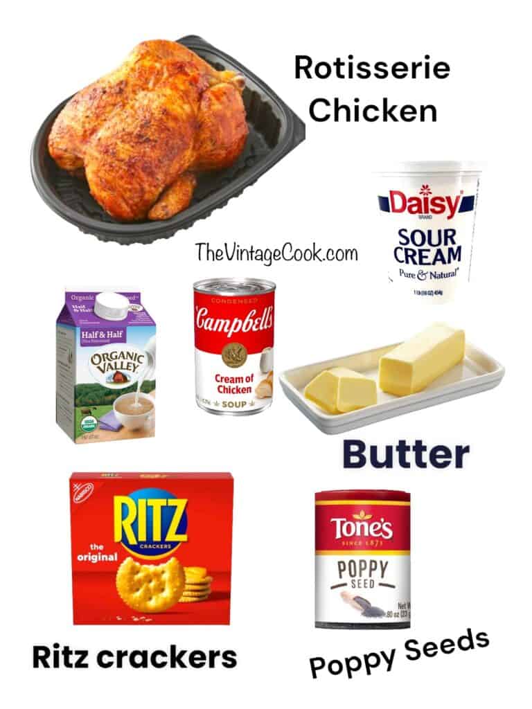 Ingredients for Poppy Seed Chicken in the Crockpot: Rotisserie Chicken, sour cream, milk, cream of chicken, butter, ritz, poppy seeds.