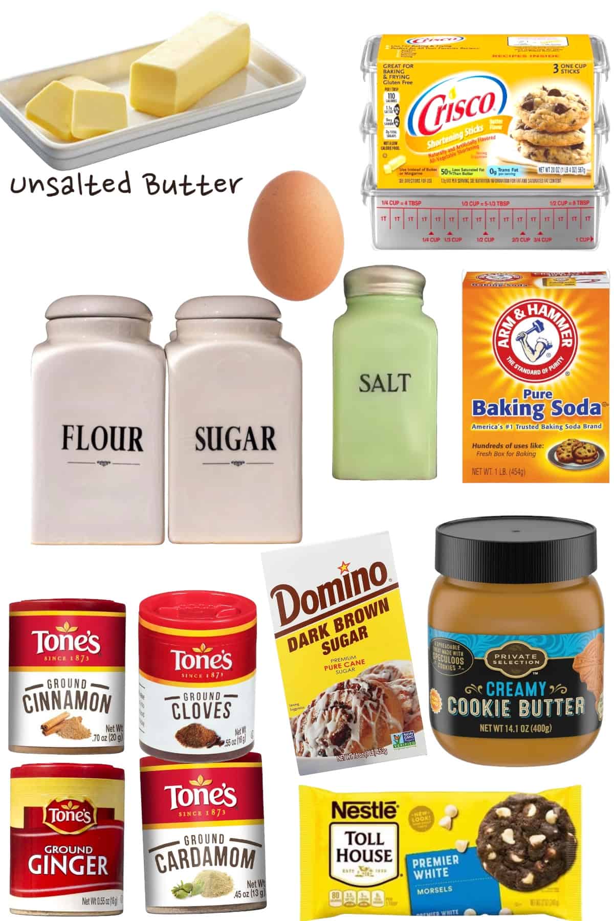 butter, shortening, flour, sugar, salt, baking soda, egg, cardamom, cinnamon, ginger, cloves, brown sugar, cookie butter, white chips.