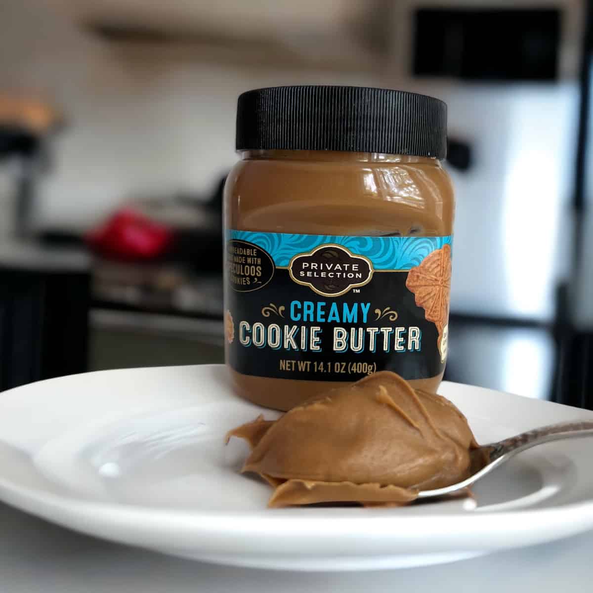 Spoonful of cookie butter in front of jar.