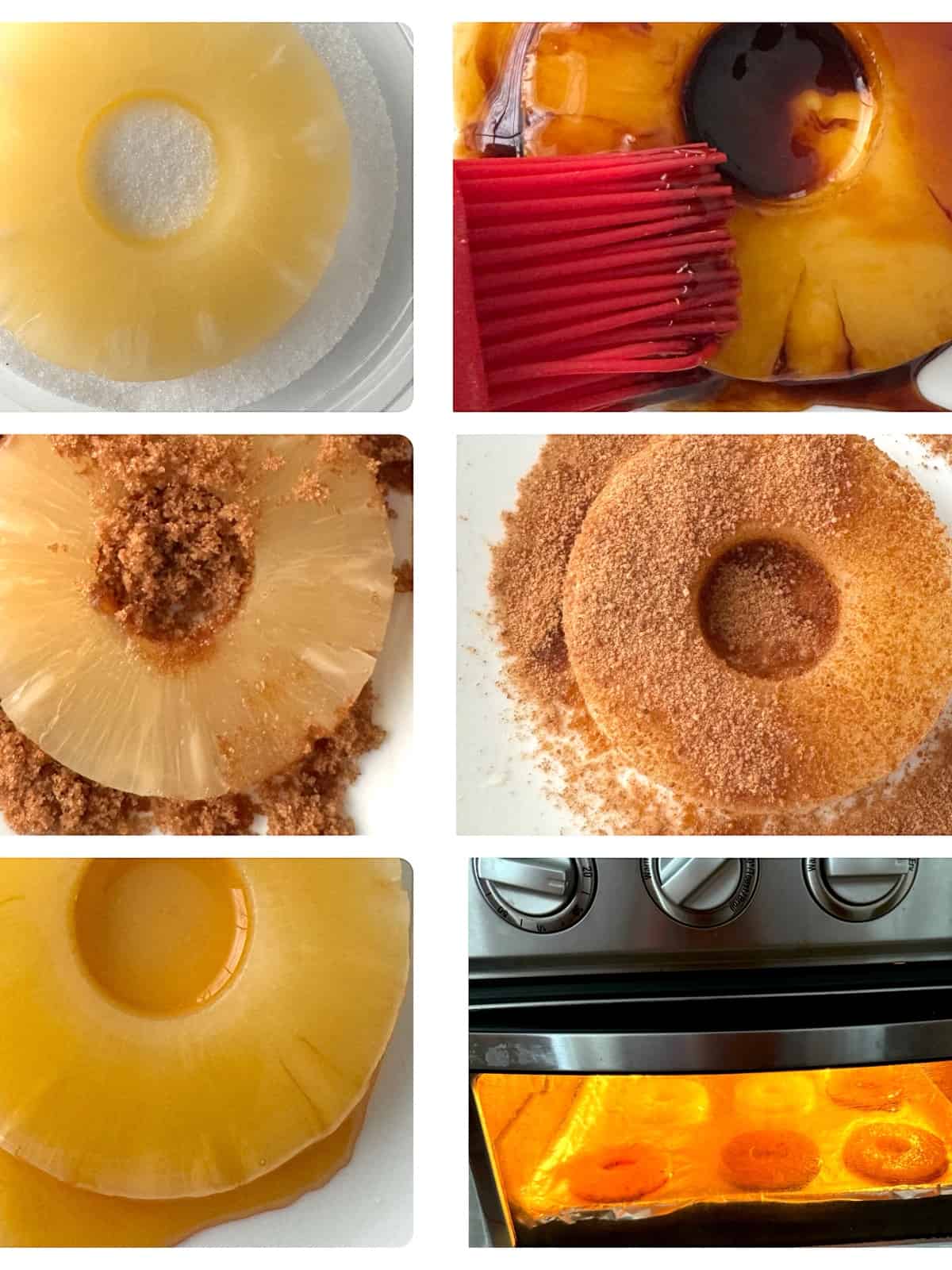 various pineapple slices coated in sugars or syrups.