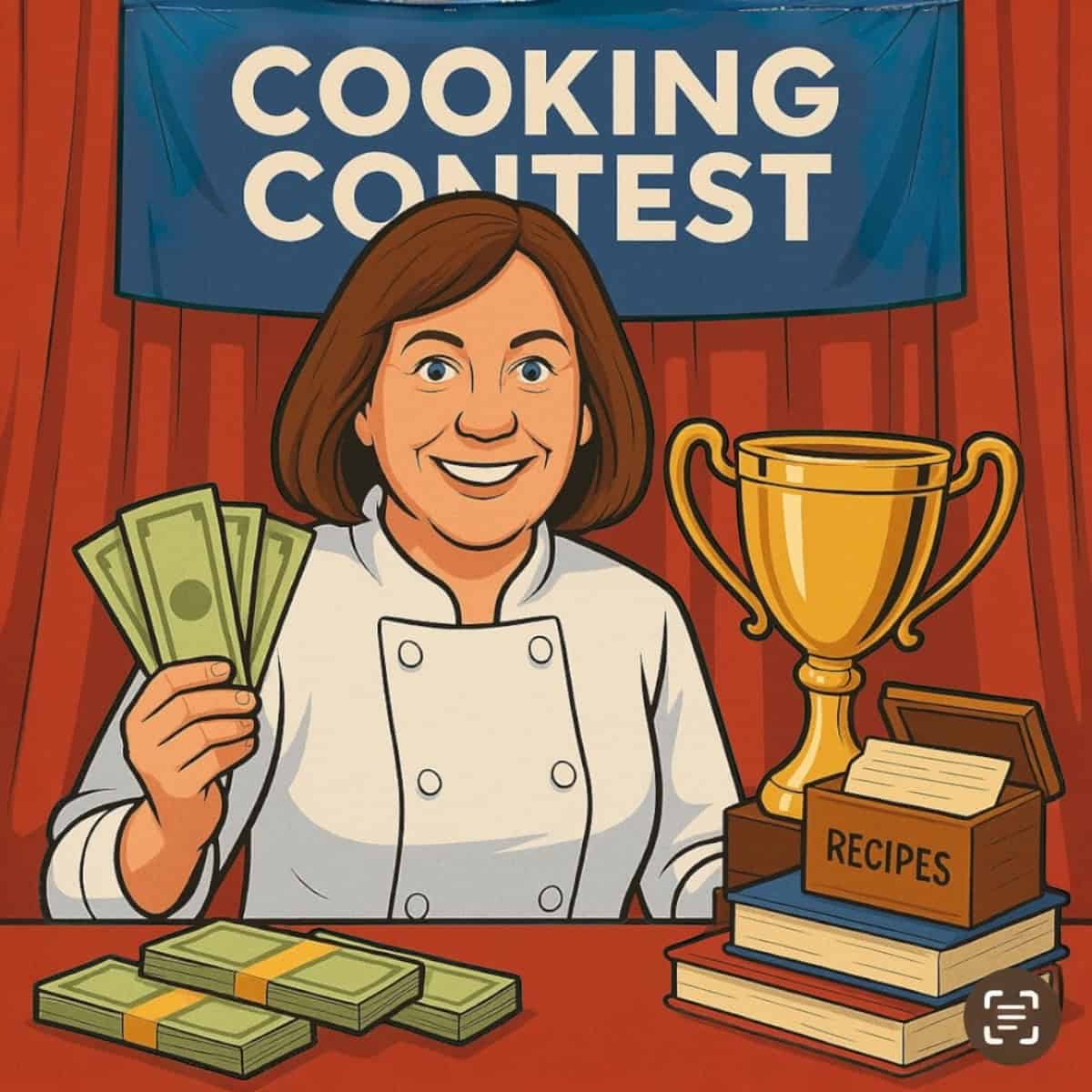 Cartoon lady holding cash for cooking contest.