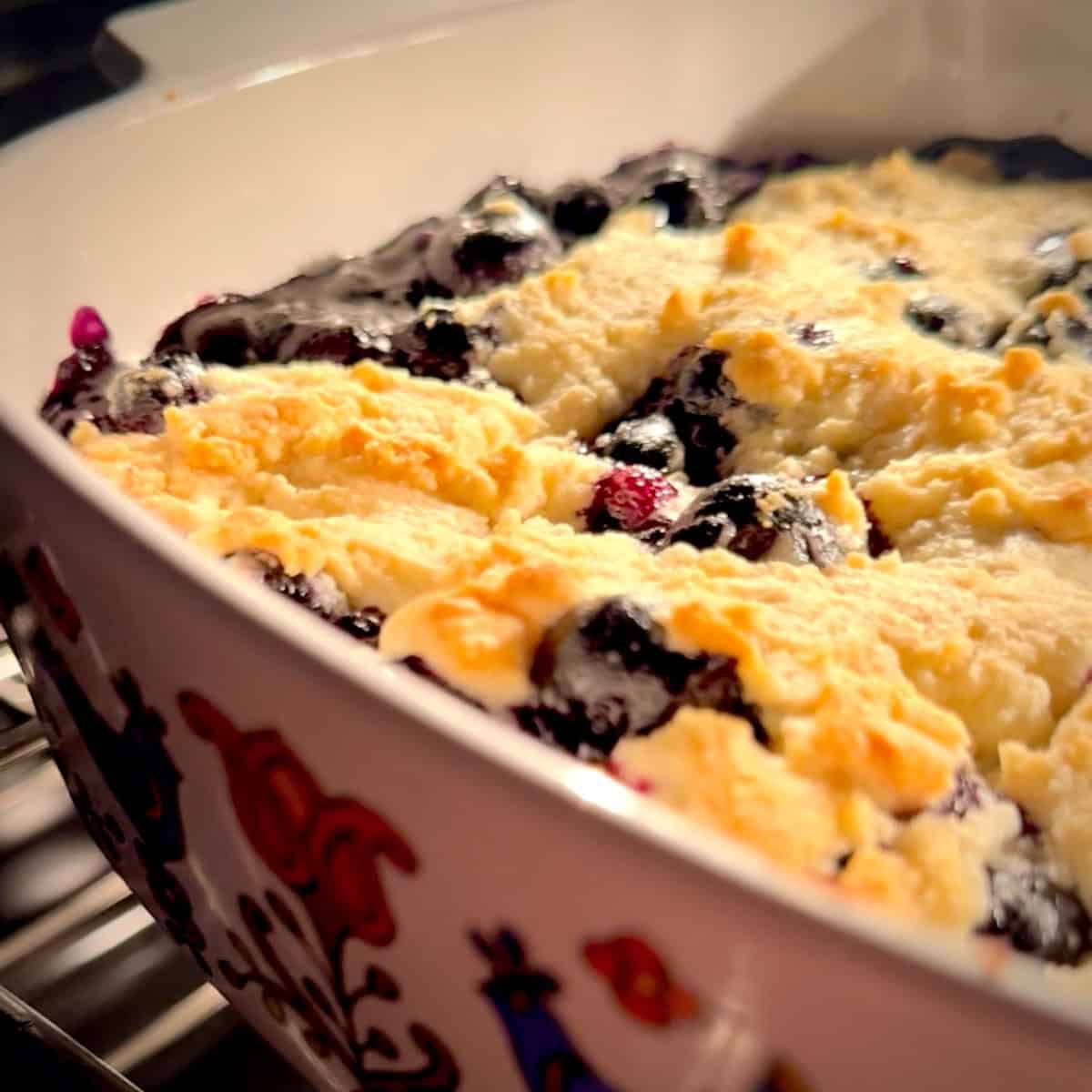 Fresh Blueberry Cobbler coming out of the oven.