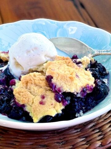 Bisquick Blueberry Cobbler in bowl.