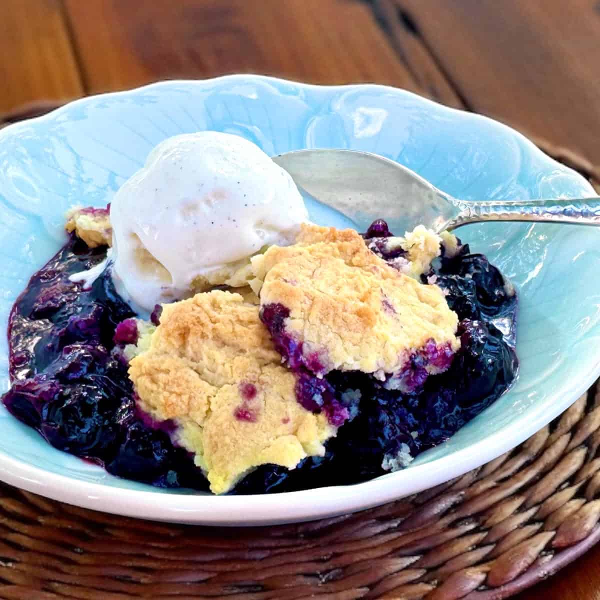 Bisquick Blueberry Cobbler in bowl.