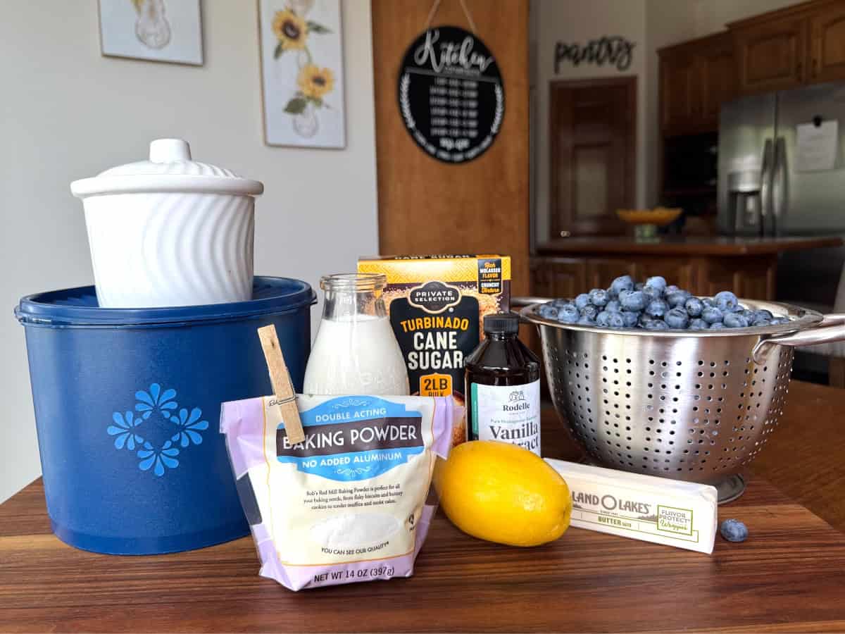 Ingredient photo for blueberry cobbler. blueberries, canisters, butter, lemon, sugar, flour.