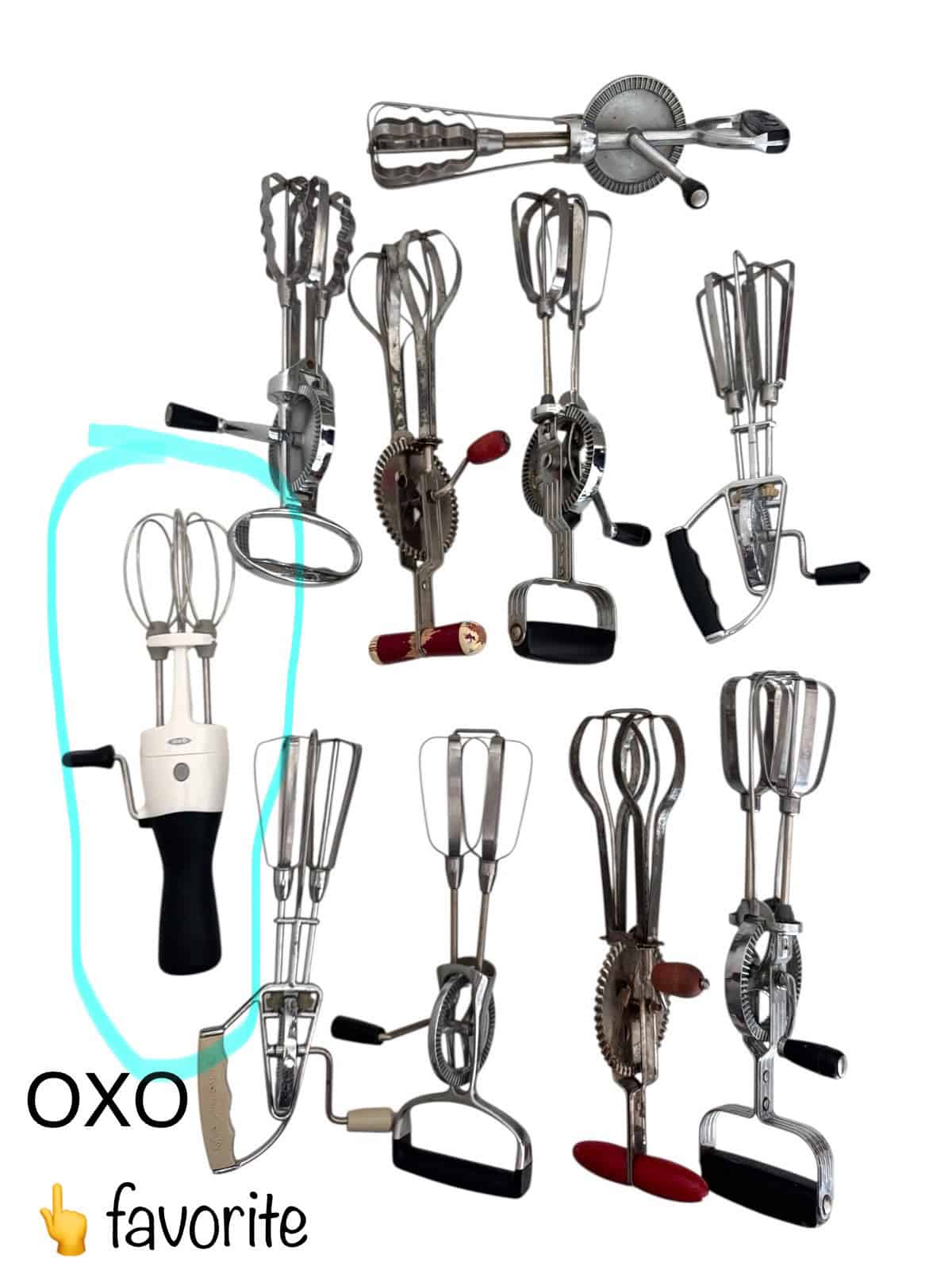 Vintage Egg Beaters with OXO beater circled.
