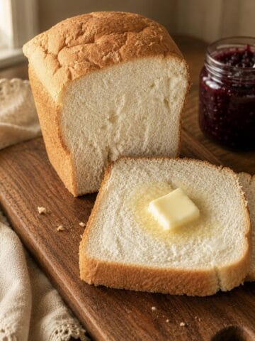 Sliced homemade white bread sitting on a wood board next to a dim lit window.