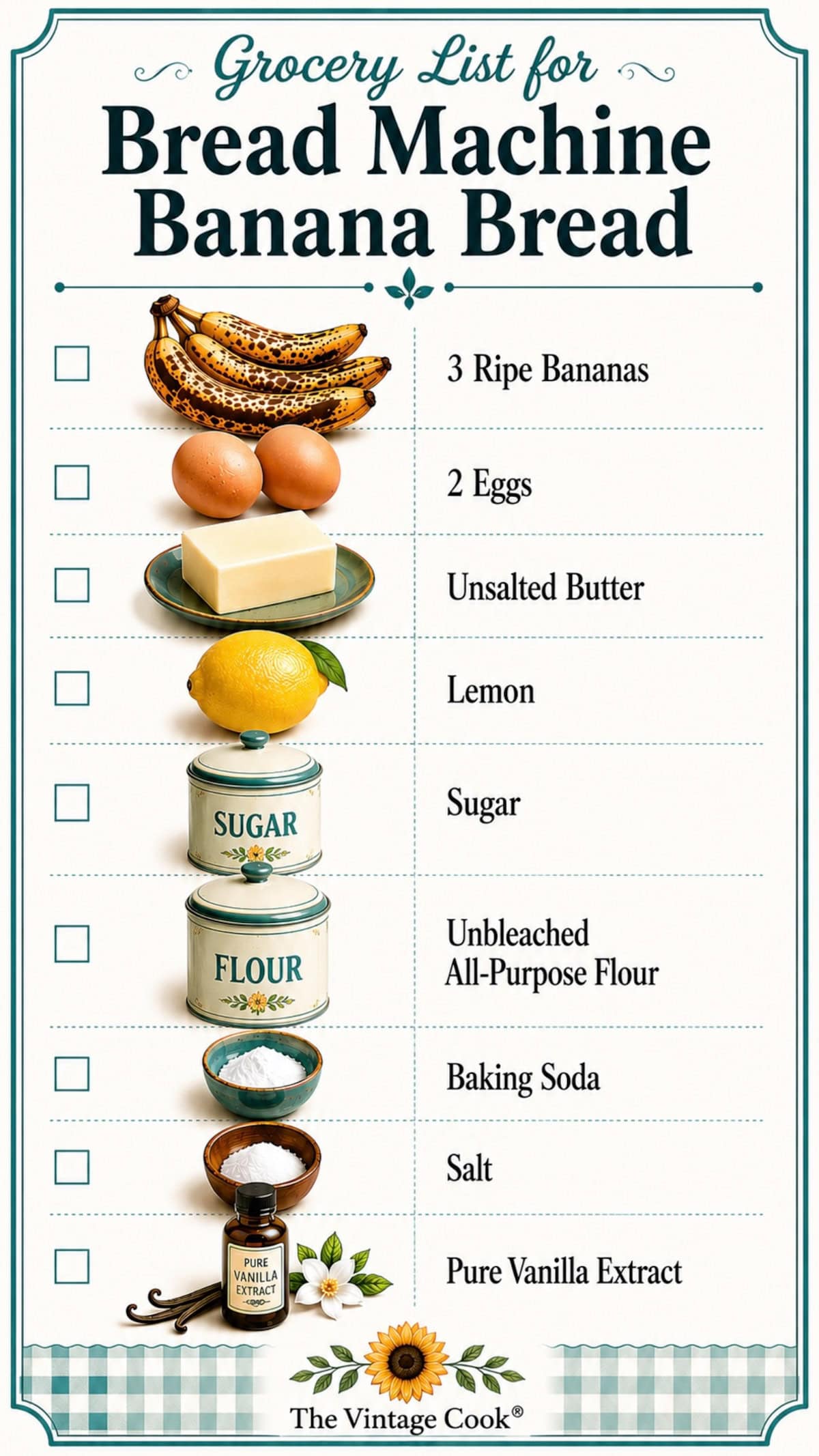 Graphics list of ingredients for banana bread in the bread machine.