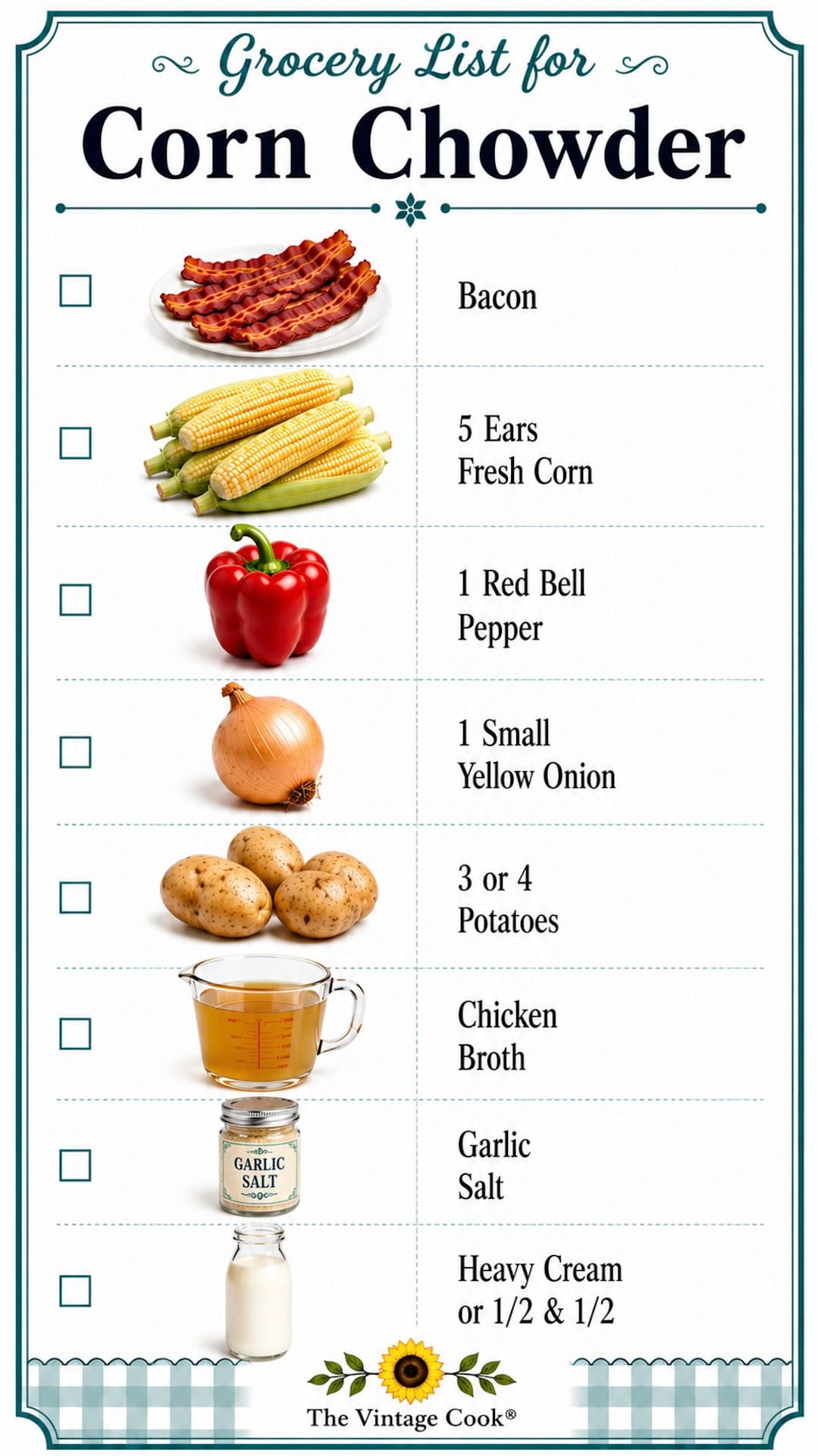 Ingredients list for corn chowder. Grocery List.