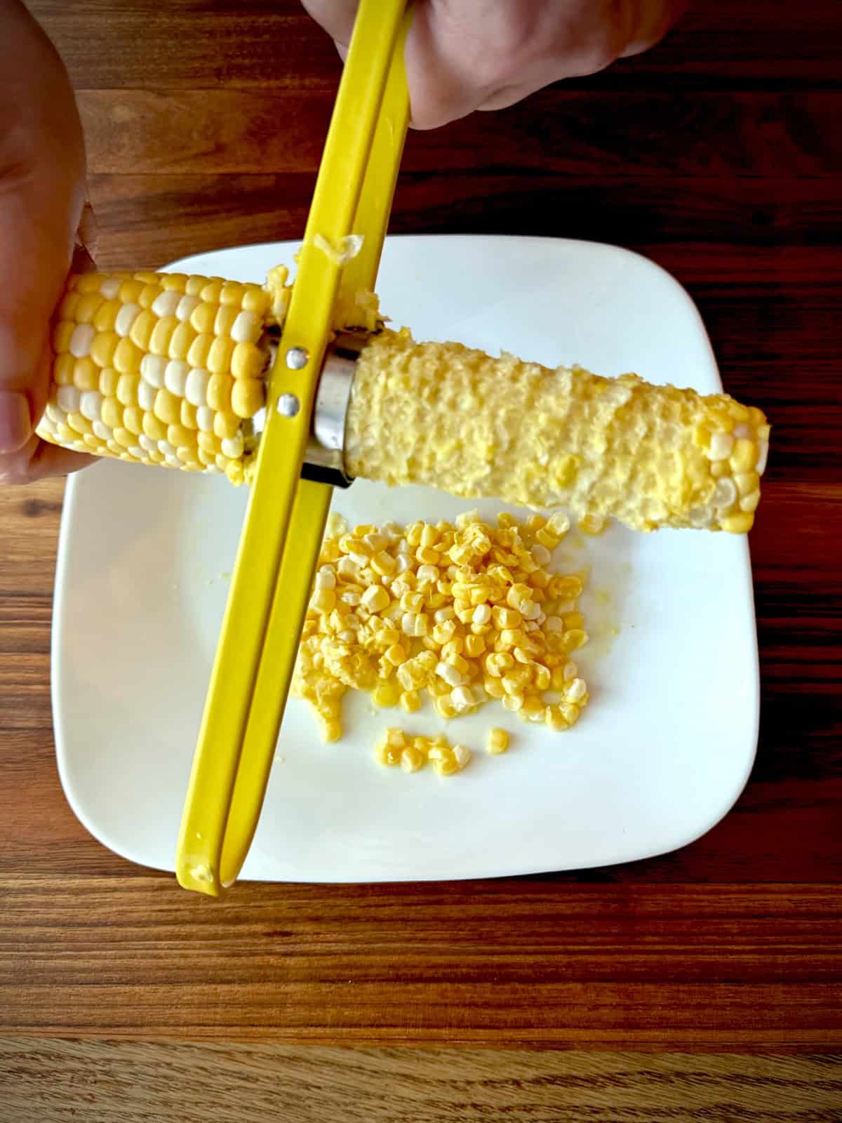 Using corn tool to remove kernels from cob.