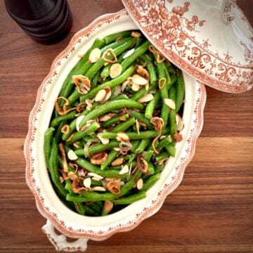 Green Beans Almondine in a Vintage Vegetable Dish.