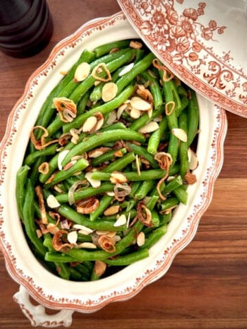 Green Beans Almondine in a Vintage Vegetable Dish.