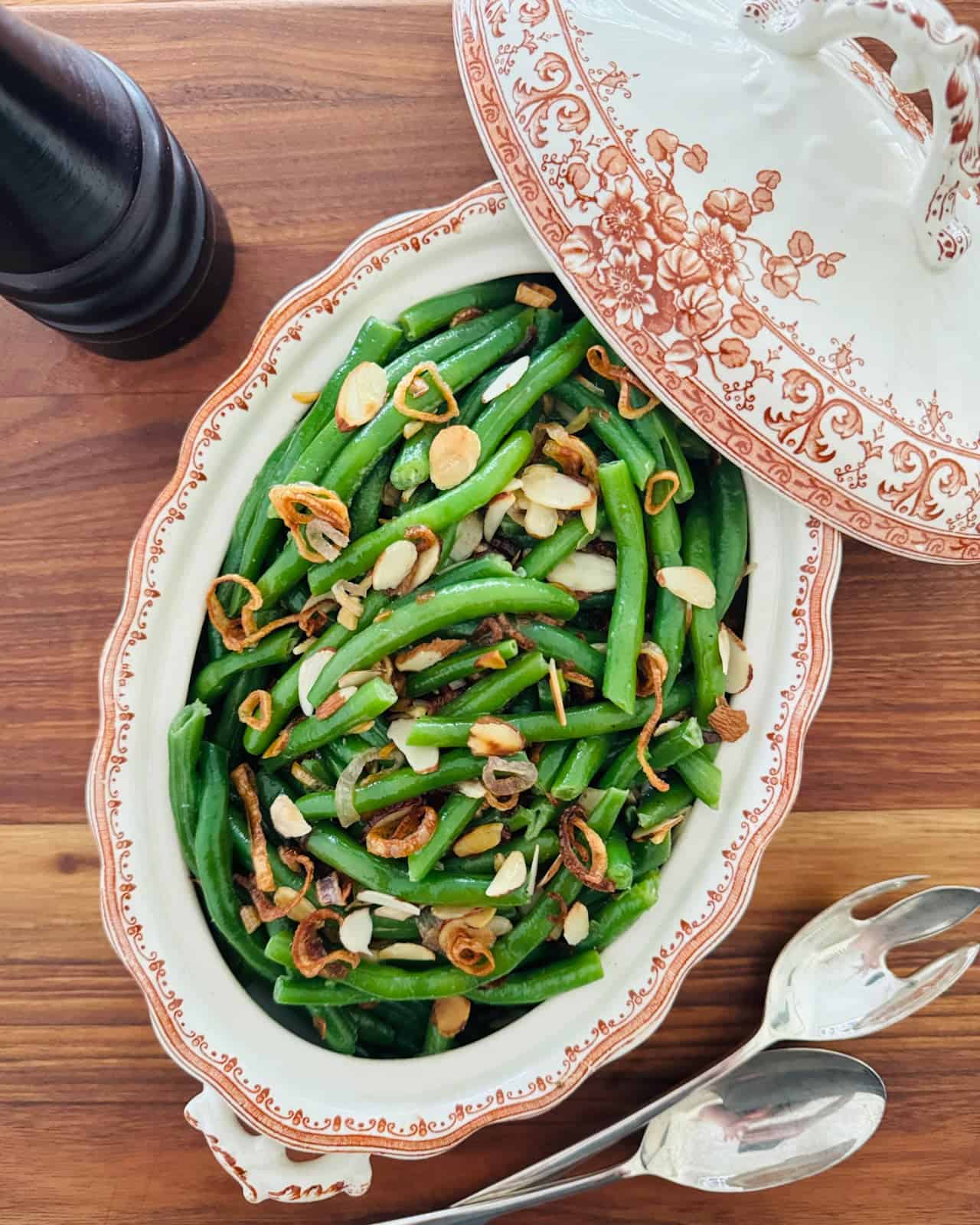 Green Beans in a vintage vegetable dish.