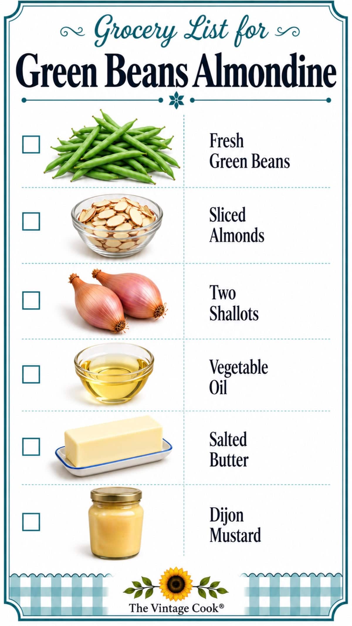 Ingredients list for green bean almondine.