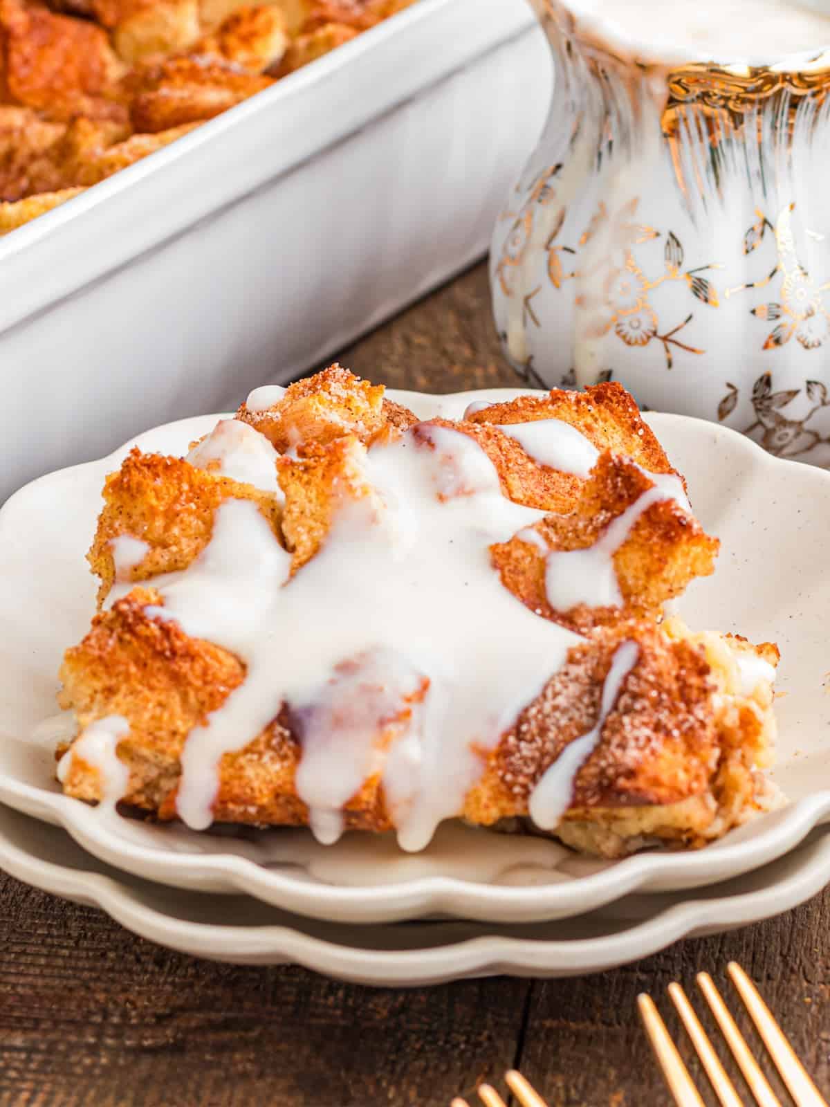 Bread Pudding with white vanilla sauce.