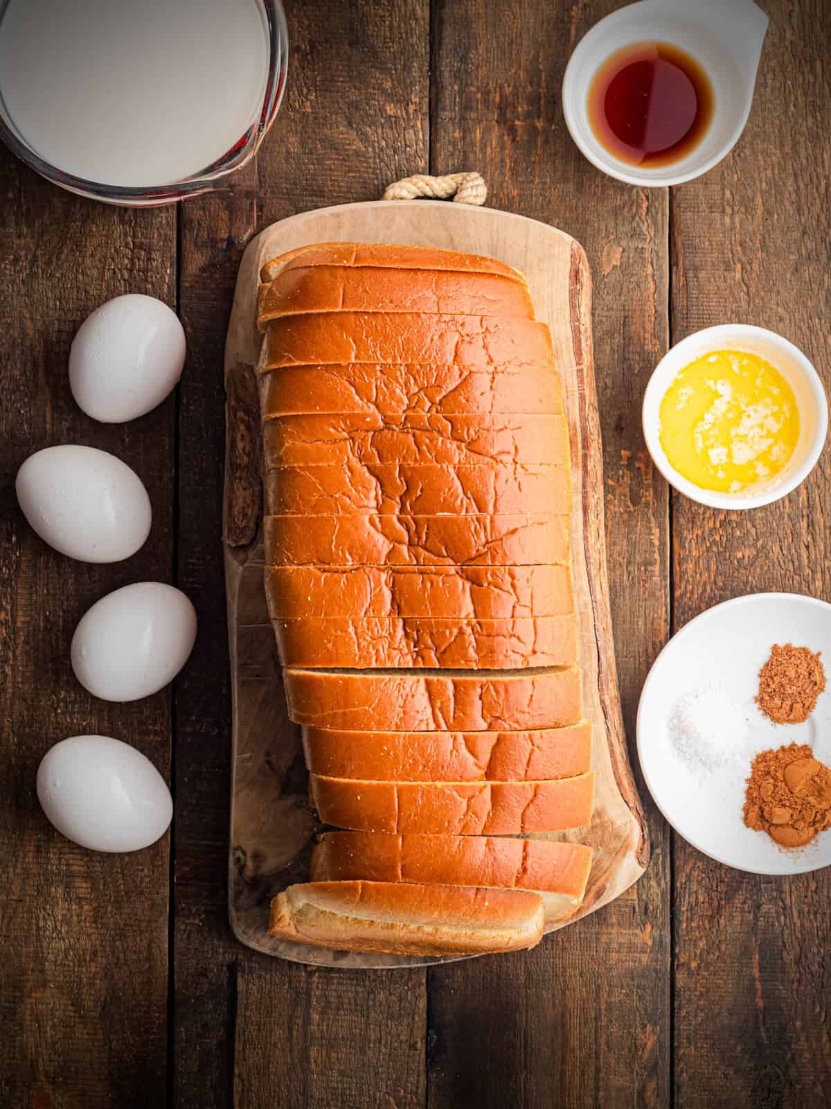 Ingredients with Brioche loaf in center.