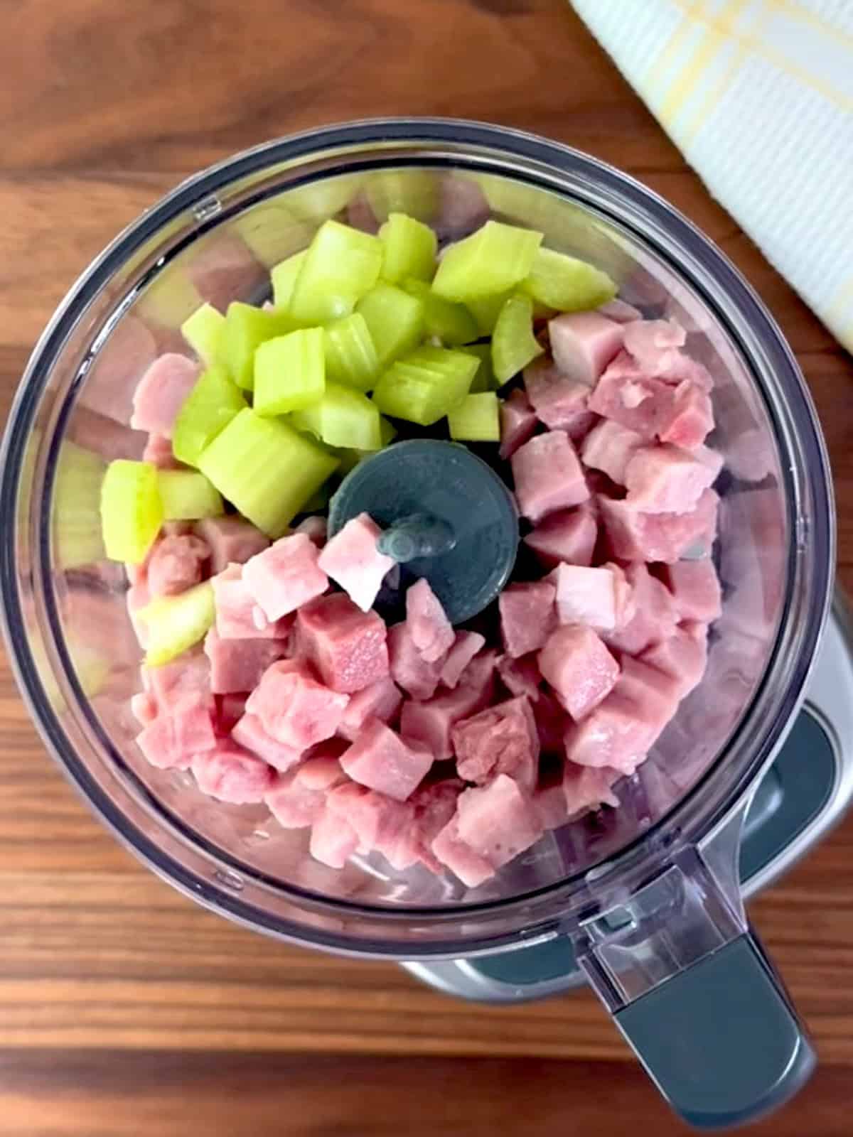 Ham and celery chopped in processor.