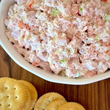 Bowl of ham salad with crackers in front.