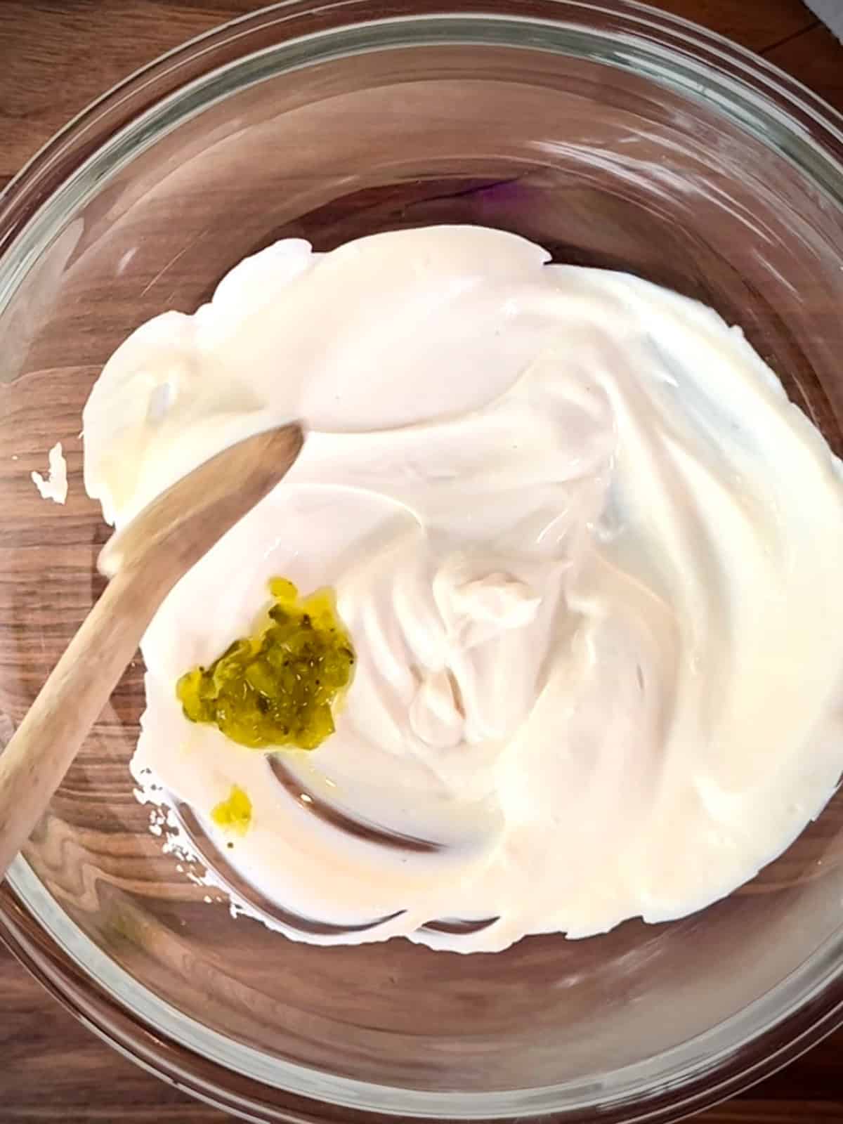 Mayo and sour cream with relish.