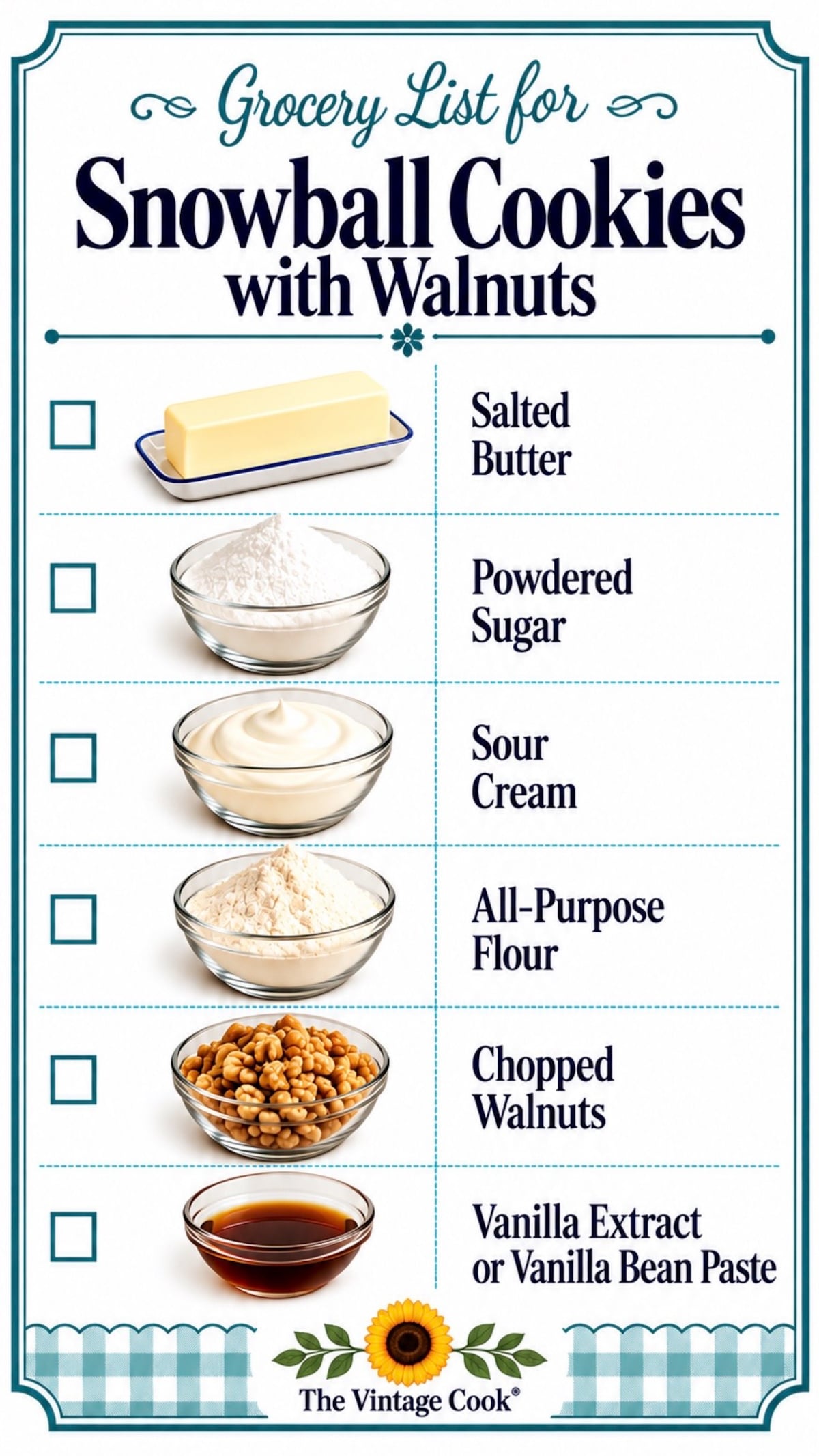 Ingredients for Walnut Snowball Cookies. Grocery list.